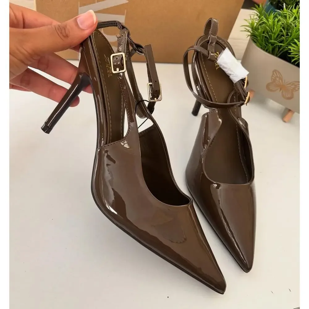 Zara Khaki Patent Slingback Stiletto Heels Pointed Toe NWT - Picture 11 of 16